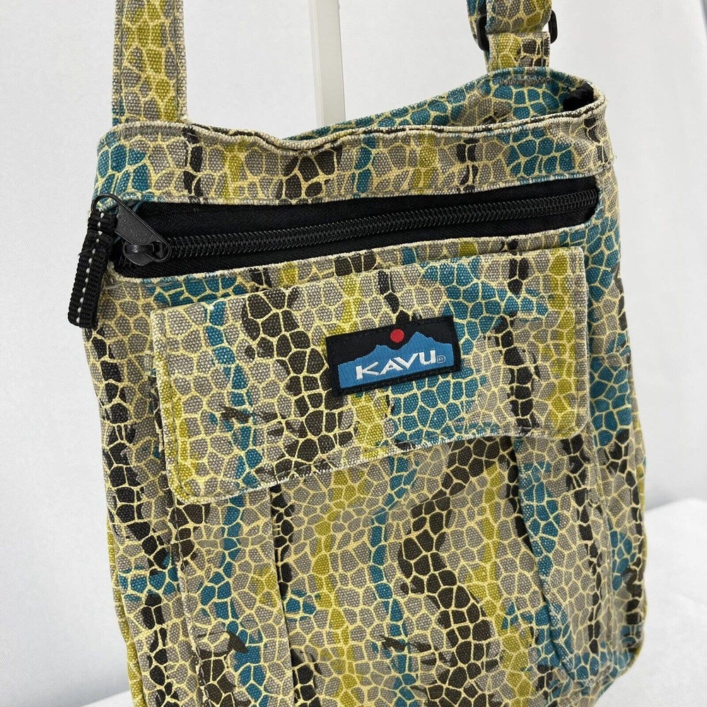 Kavu Canvas Crossbody Purse Snakeskin Pattern Teal Khaki Beige Black Small - Picture 3 of 6